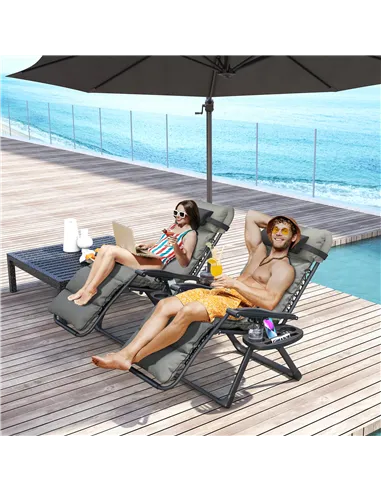 Outsunny Set of Two Reclining Sun Loungers, with Cushion - Grey