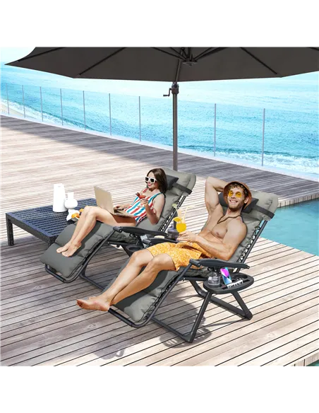 Outsunny Set of Two Reclining Sun Loungers, with Cushion - Grey