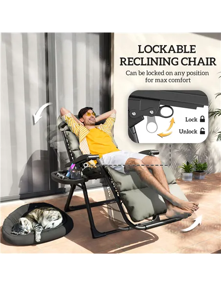 Outsunny Set of Two Reclining Sun Loungers, with Cushion - Grey