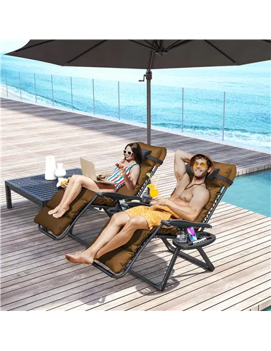 Outsunny Set of Two Reclining Sun Loungers, with Cushion - Brown