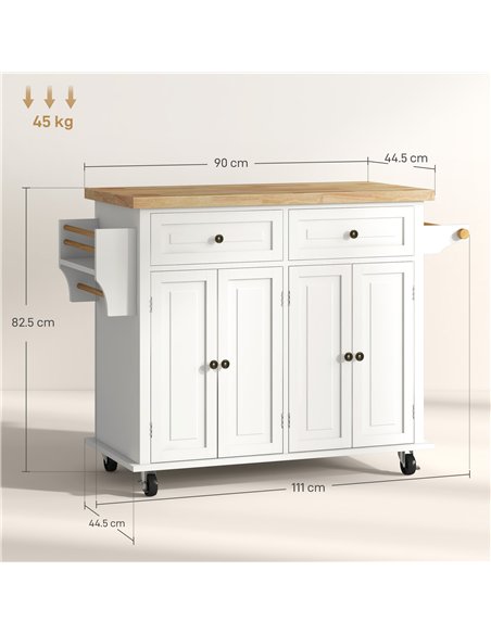 HOMCOM Rolling Kitchen Island Storage Trolley with Rubber Wood Top & Drawers for Dining Room, Cream White