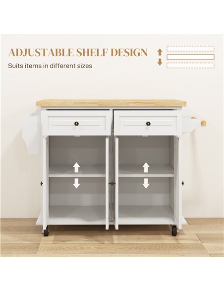HOMCOM Rolling Kitchen Island Storage Trolley with Rubber Wood Top & Drawers for Dining Room, Cream White