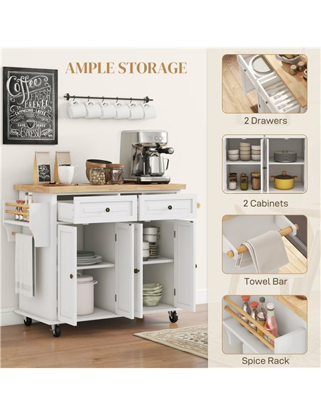 HOMCOM Rolling Kitchen Island Storage Trolley with Rubber Wood Top & Drawers for Dining Room, Cream White