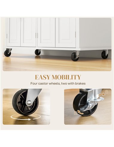 HOMCOM Rolling Kitchen Island Storage Trolley with Rubber Wood Top & Drawers for Dining Room, Cream White