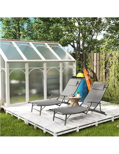 Outsunny Set of Two Adjustable Back Sun Loungers - Grey
