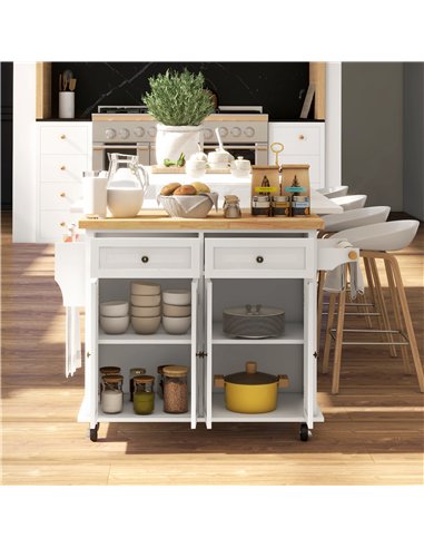 HOMCOM Rolling Kitchen Island Storage Trolley with Rubber Wood Top & Drawers for Dining Room, Cream White