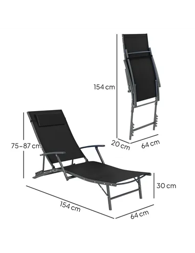 Outsunny Set of Two Adjustable Back Sun Loungers - Black