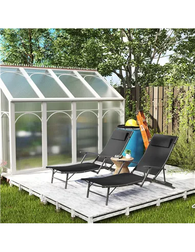 Outsunny Set of Two Adjustable Back Sun Loungers - Black