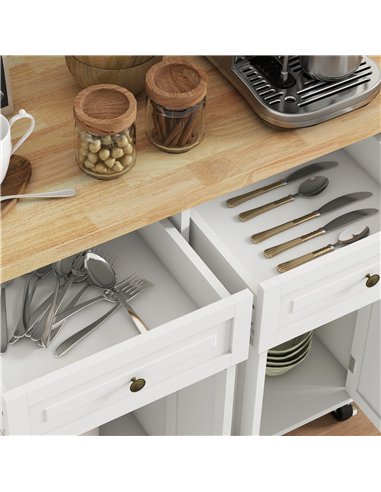 HOMCOM Rolling Kitchen Island Storage Trolley with Rubber Wood Top & Drawers for Dining Room, Cream White