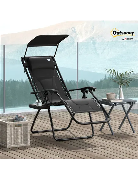 Outsunny Zero Gravity Lounger Chair, Folding Reclining Patio Chair with Shade Cover, Padded Seat, Cup Holder, Soft Cushion and H