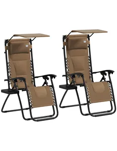 Outsunny Zero Gravity Lounger Chair Set of 2, Folding Reclining Patio Chair with Shade Cover, Cup Holder, Soft Cushion and Headr