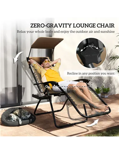 Outsunny Zero Gravity Lounger Chair Set of 2, Folding Reclining Patio Chair with Shade Cover, Cup Holder, Soft Cushion and Headr