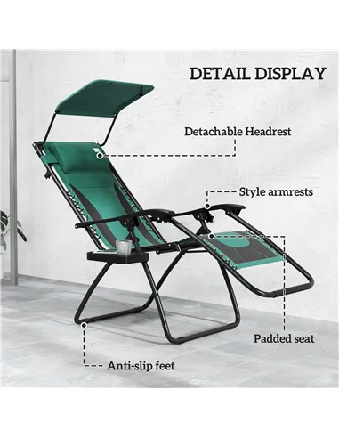 Outsunny Zero Gravity Lounger Chair, Folding Reclining Patio Chair with Shade Cover, Padded Seat, Cup Holder, Soft Cushion and H