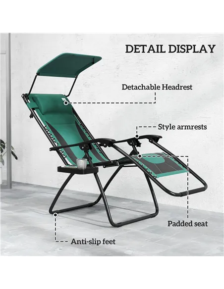 Outsunny Zero Gravity Lounger Chair, Folding Reclining Patio Chair with Shade Cover, Padded Seat, Cup Holder, Soft Cushion and H