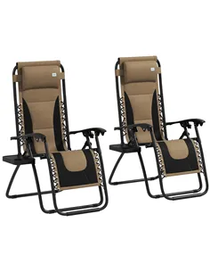 Outsunny Zero Gravity Lounger Chair Set of 2, Folding Reclining Patio Chair with Padded Seat, Cup Holder, Soft Cushion and Headr
