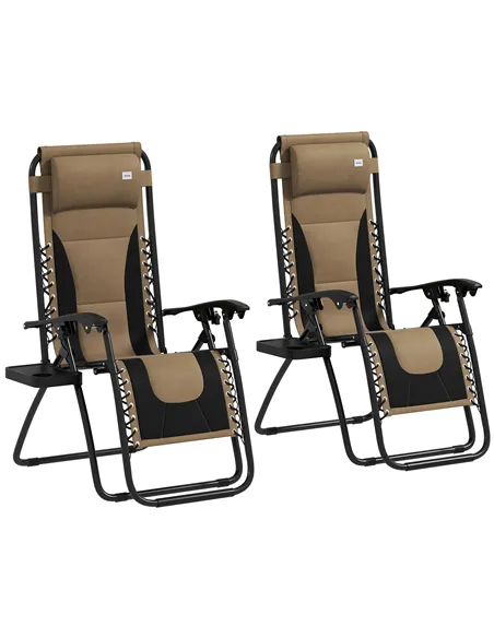 Outsunny Zero Gravity Lounger Chair Set of 2, Folding Reclining Patio Chair with Padded Seat, Cup Holder, Soft Cushion and Headr