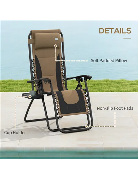 Outsunny Zero Gravity Lounger Chair Set of 2, Folding Reclining Patio Chair with Padded Seat, Cup Holder, Soft Cushion and Headr