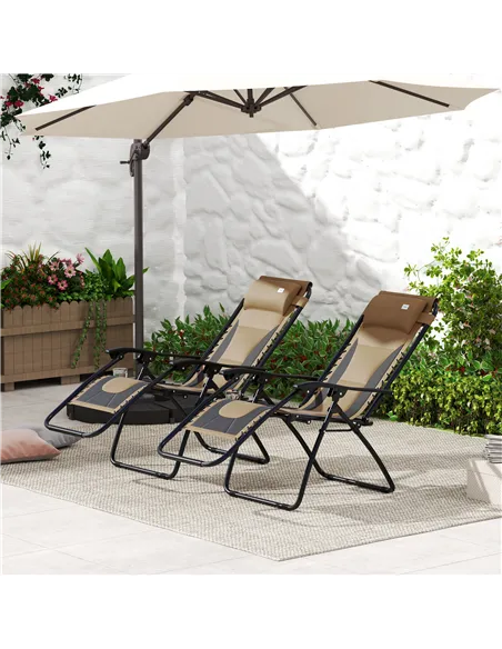 Outsunny Zero Gravity Lounger Chair Set of 2, Folding Reclining Patio Chair with Padded Seat, Cup Holder, Soft Cushion and Headr