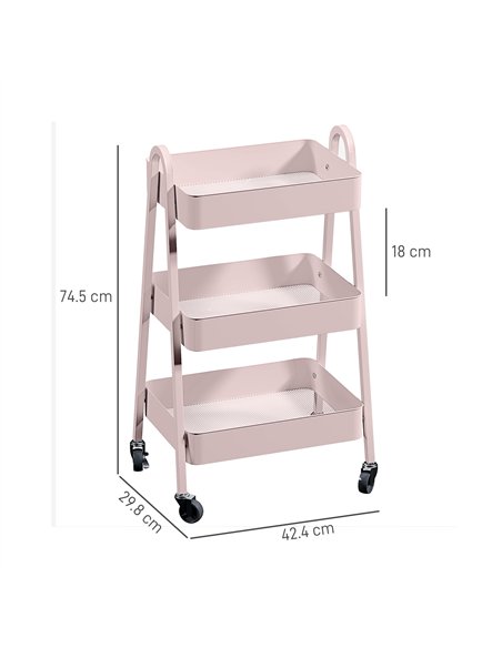 HOMCOM Three-Tier Storage Trolley - Pink