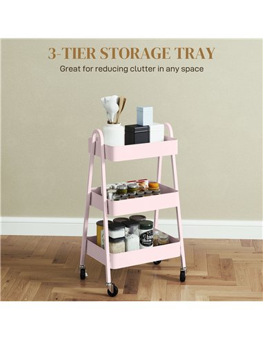 HOMCOM Three-Tier Storage Trolley - Pink