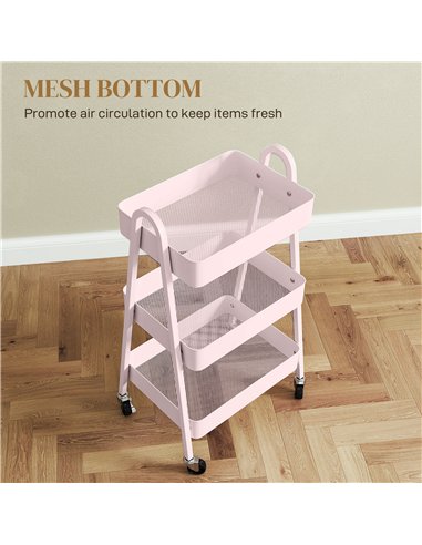 HOMCOM Three-Tier Storage Trolley - Pink