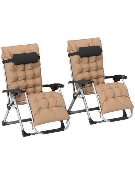 Outsunny 2 Piece Reclining Zero Gravity Sun Loungers with Cushions, Khaki