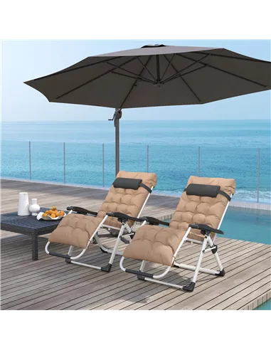 Outsunny 2 Piece Reclining Zero Gravity Sun Loungers with Cushions, Khaki