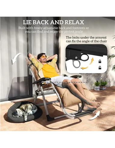 Outsunny 2 Piece Reclining Zero Gravity Sun Loungers with Cushions, Khaki