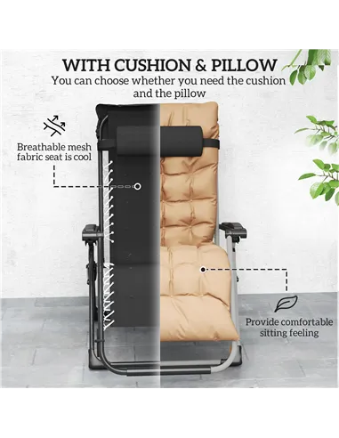 Outsunny 2 Piece Reclining Zero Gravity Sun Loungers with Cushions, Khaki