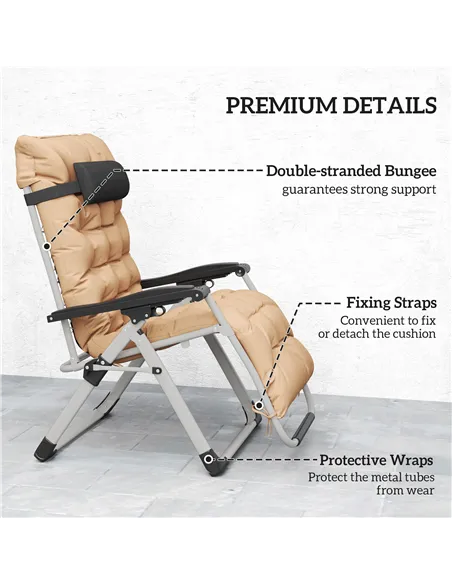 Outsunny 2 Piece Reclining Zero Gravity Sun Loungers with Cushions, Khaki