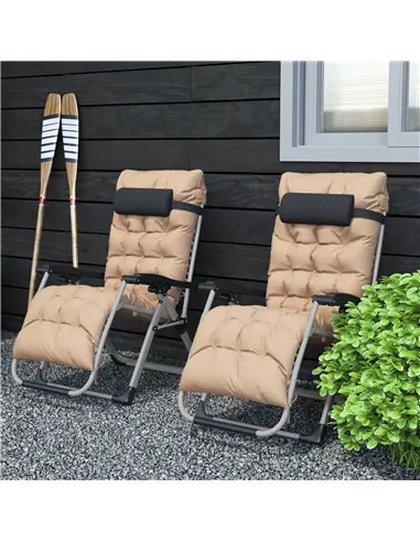 Outsunny 2 Piece Reclining Zero Gravity Sun Loungers with Cushions, Khaki