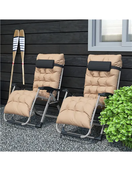 Outsunny 2 Piece Reclining Zero Gravity Sun Loungers with Cushions, Khaki