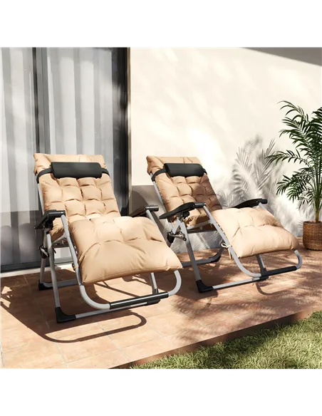 Outsunny 2 Piece Reclining Zero Gravity Sun Loungers with Cushions, Khaki