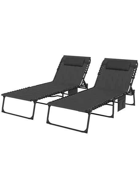 Outsunny Set of Two Sun Loungers, with Five-Position Reclining Backs - Black