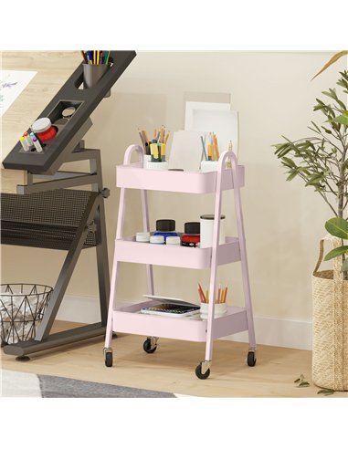 HOMCOM Three-Tier Storage Trolley - Pink