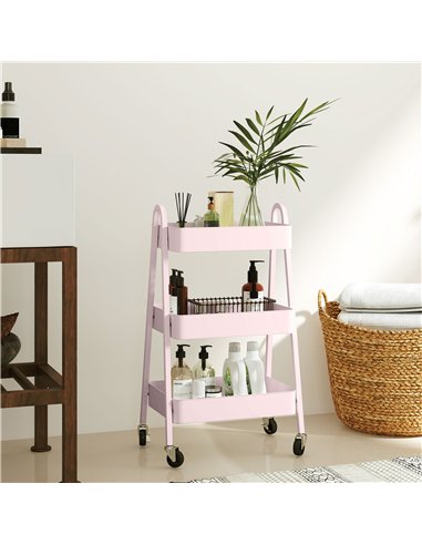 HOMCOM Three-Tier Storage Trolley - Pink
