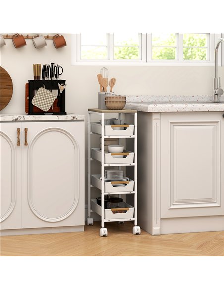 HOMCOM 5-Tier Storage Trolley on Wheels - White