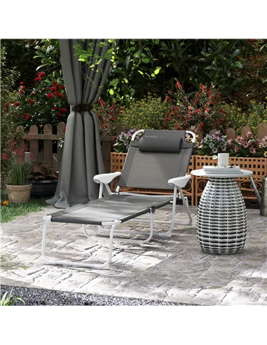 Outsunny Foldable Lounge Chair with 4-Level Adjustable Backrest & Headrest - Charcoal Grey