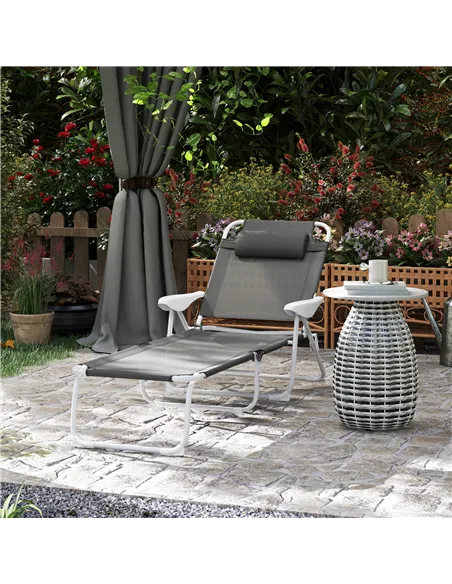 Outsunny Foldable Lounge Chair with 4-Level Adjustable Backrest & Headrest - Charcoal Grey