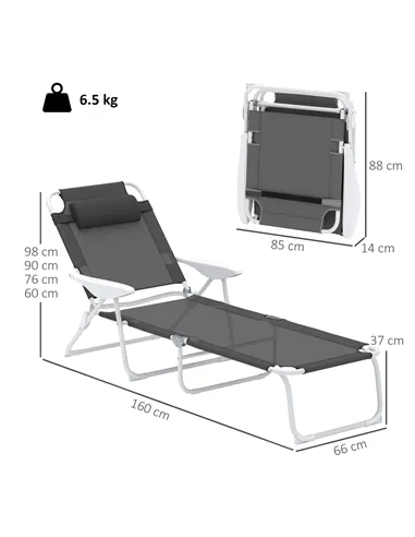 Outsunny Foldable Lounge Chair with 4-Level Adjustable Backrest & Headrest - Charcoal Grey