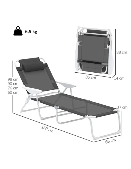 Outsunny Foldable Lounge Chair with 4-Level Adjustable Backrest & Headrest - Charcoal Grey