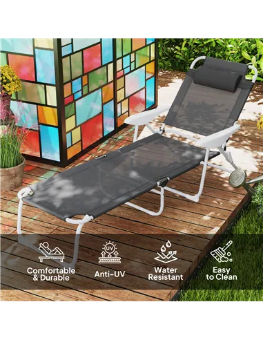 Outsunny Foldable Lounge Chair with 4-Level Adjustable Backrest & Headrest - Charcoal Grey