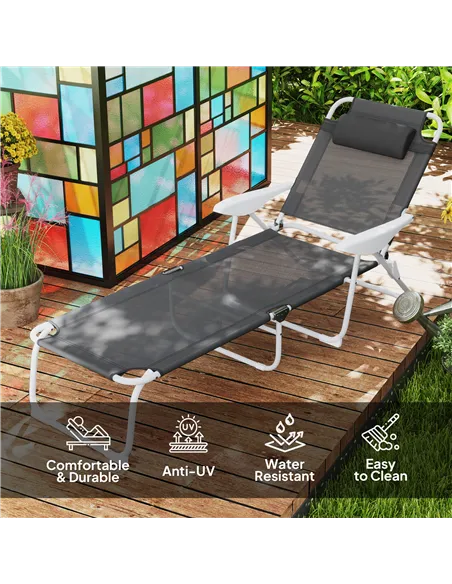Outsunny Foldable Lounge Chair with 4-Level Adjustable Backrest & Headrest - Charcoal Grey