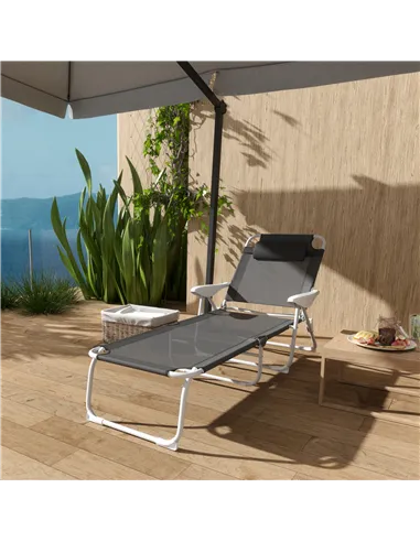 Outsunny Foldable Lounge Chair with 4-Level Adjustable Backrest & Headrest - Charcoal Grey
