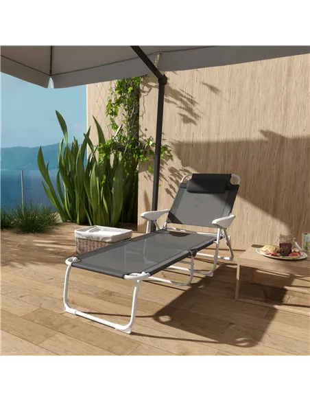 Outsunny Foldable Lounge Chair with 4-Level Adjustable Backrest & Headrest - Charcoal Grey