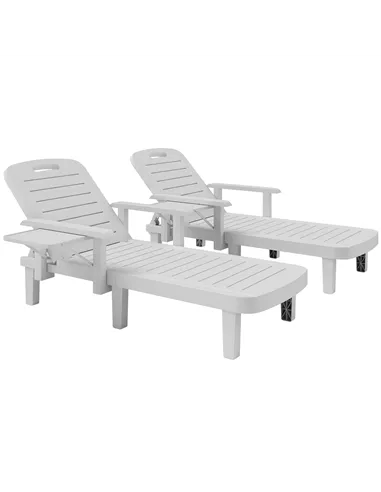 Outsunny Set of 2 Resin Reclining Sun Loungers for Garden, 5 Positions Adjustable Outdoor Chaise Lounge Chairs with Wood Texture