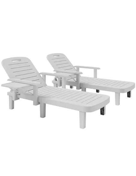 Outsunny Set of 2 Resin Reclining Sun Loungers for Garden, 5 Positions Adjustable Outdoor Chaise Lounge Chairs with Wood Texture