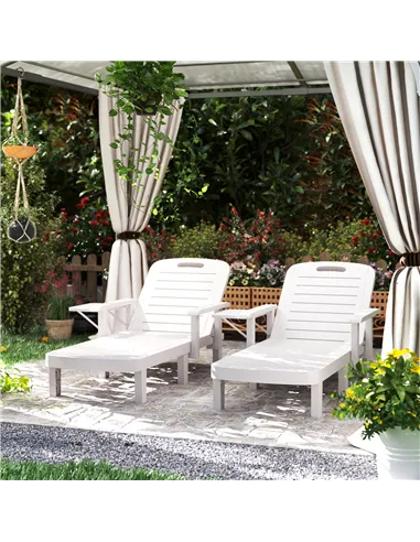 Outsunny Set of 2 Resin Reclining Sun Loungers for Garden, 5 Positions Adjustable Outdoor Chaise Lounge Chairs with Wood Texture