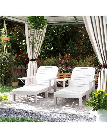 Outsunny Set of 2 Resin Reclining Sun Loungers for Garden, 5 Positions Adjustable Outdoor Chaise Lounge Chairs with Wood Texture