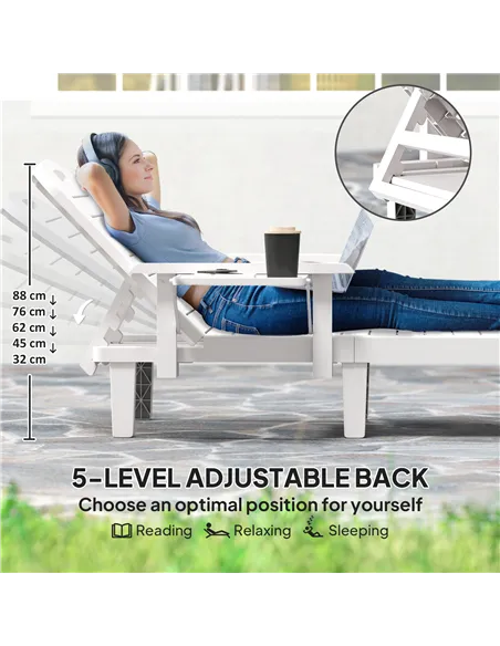 Outsunny Set of 2 Resin Reclining Sun Loungers for Garden, 5 Positions Adjustable Outdoor Chaise Lounge Chairs with Wood Texture
